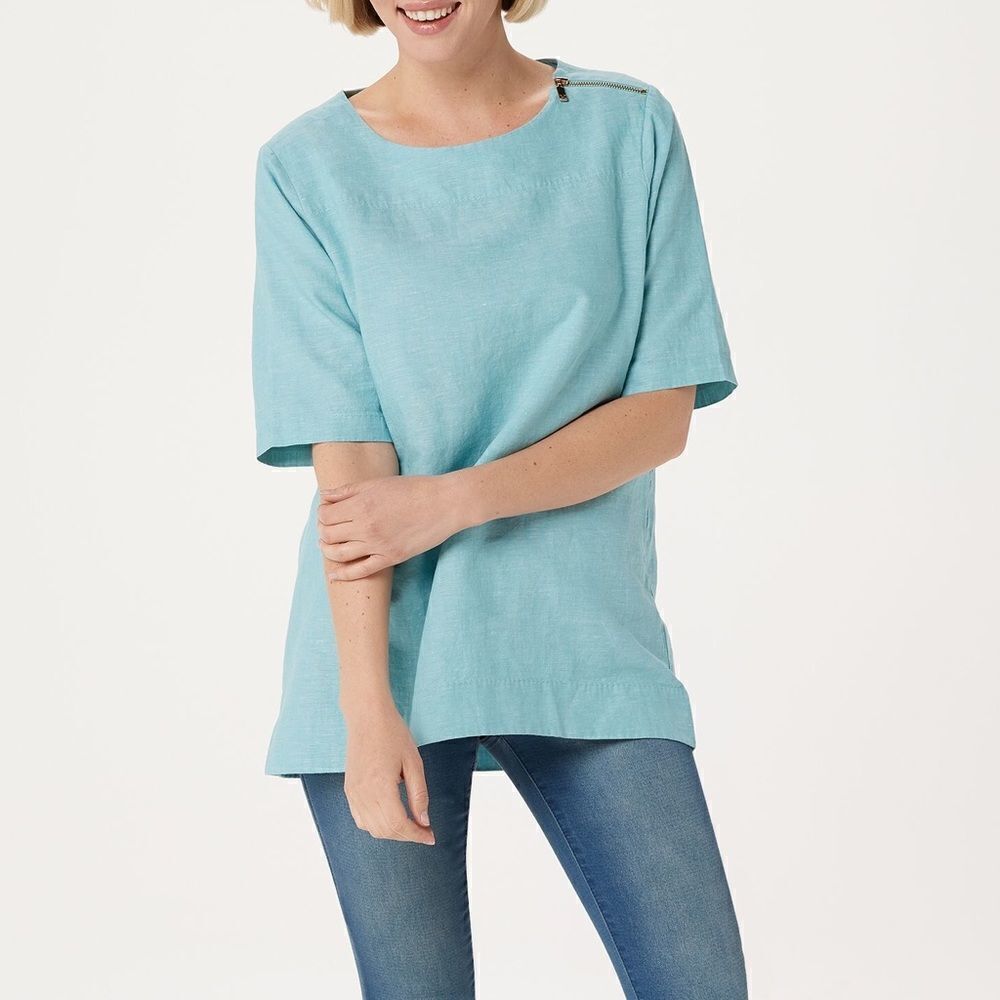 Martha Stewart Linen Blend Elbow-Sleeve Blouse